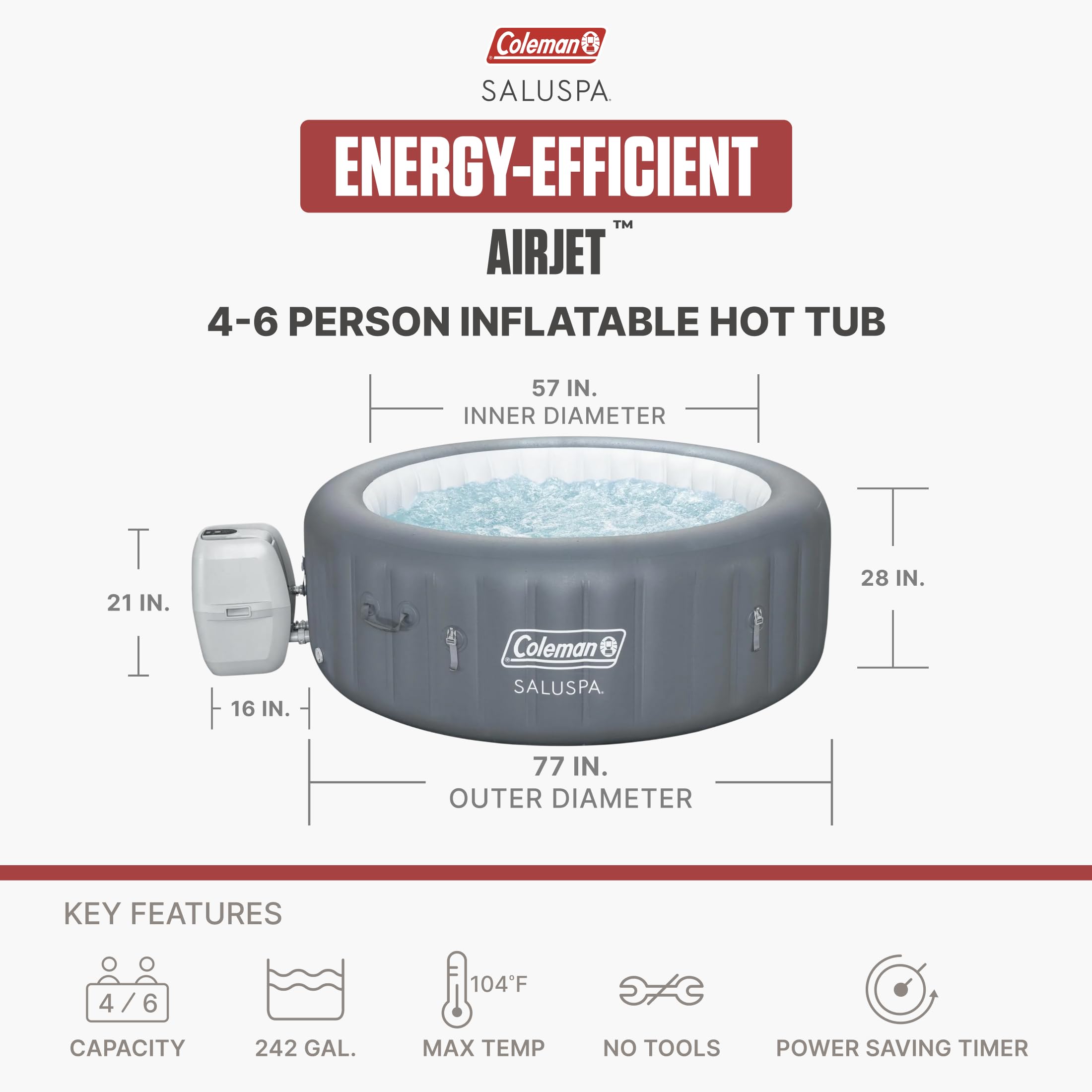 Coleman SaluSpa 4 to 6 Person Inflatable Hot Tub, Round Energy-Efficient Portable Outdoor Spa with 140 AirJets, 77" x 28"