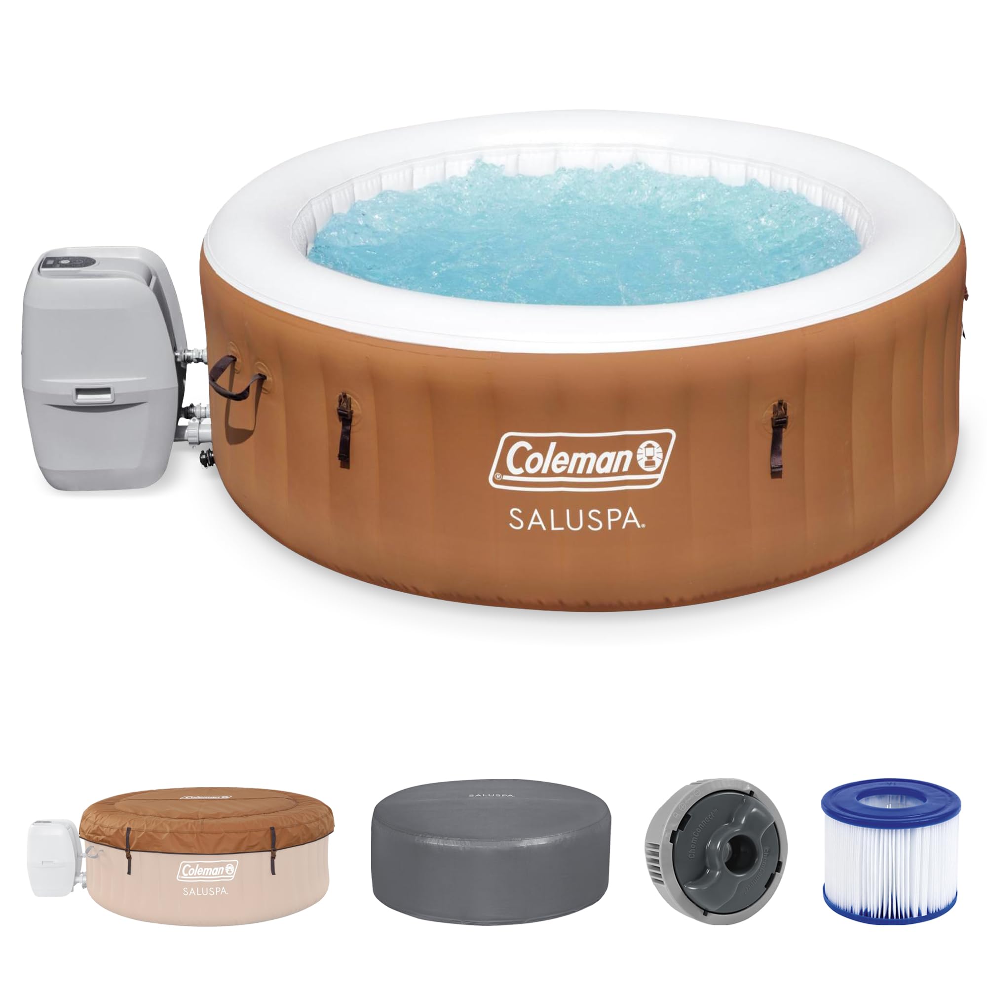 Coleman Ponderosa AirJet Inflatable Hot Tub, 2 to 4 Person Round Portable Outdoor Spa with 120 Air Jets and EnergySense Insulated Cover, 71" x 26"