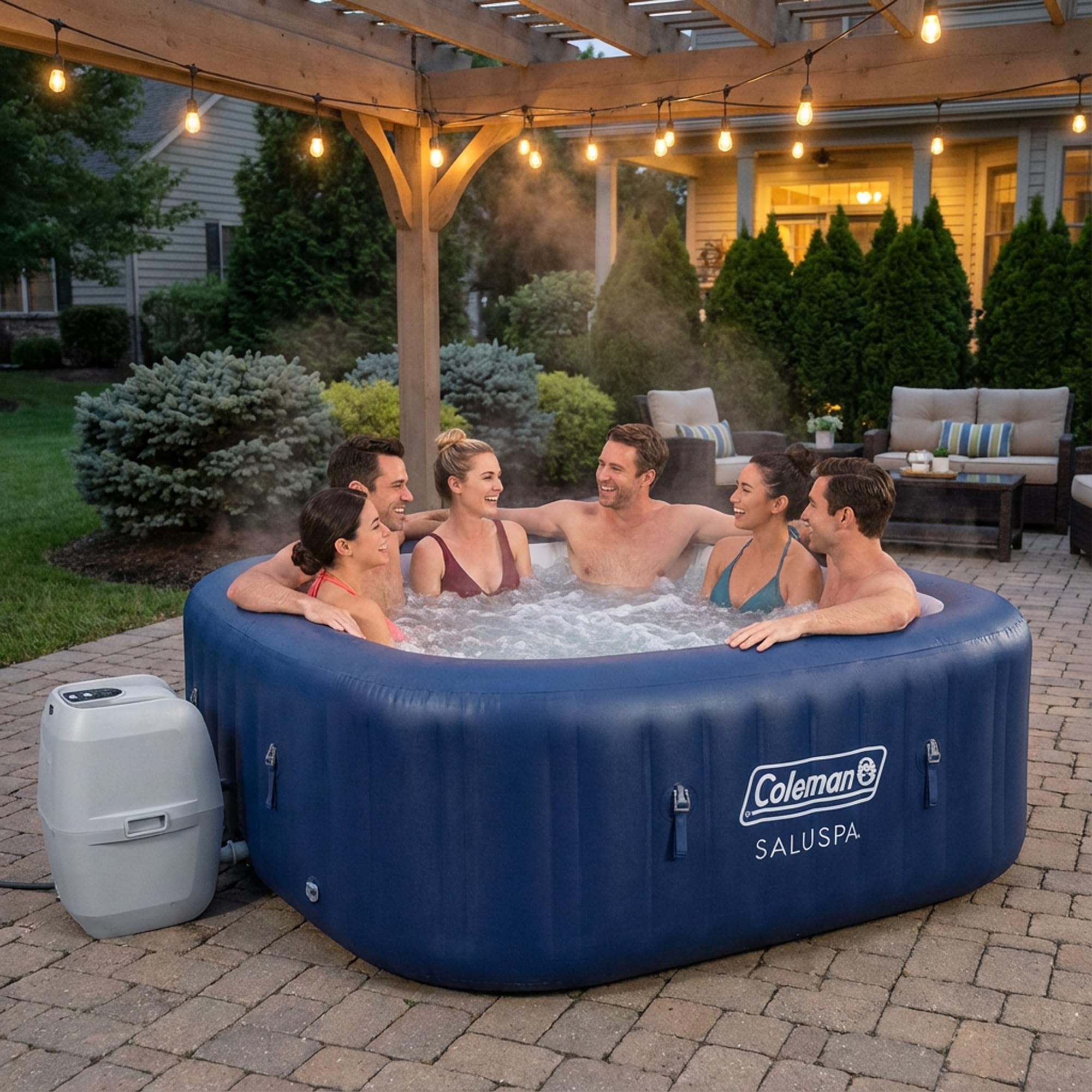 Coleman SaluSpa Atlantis AirJet Inflatable Hot Tub, 4 to 6 Person Square Portable Outdoor Spa with 140 Air Jets, App Control and EnergySense Insulated Cover, 71" x 28"