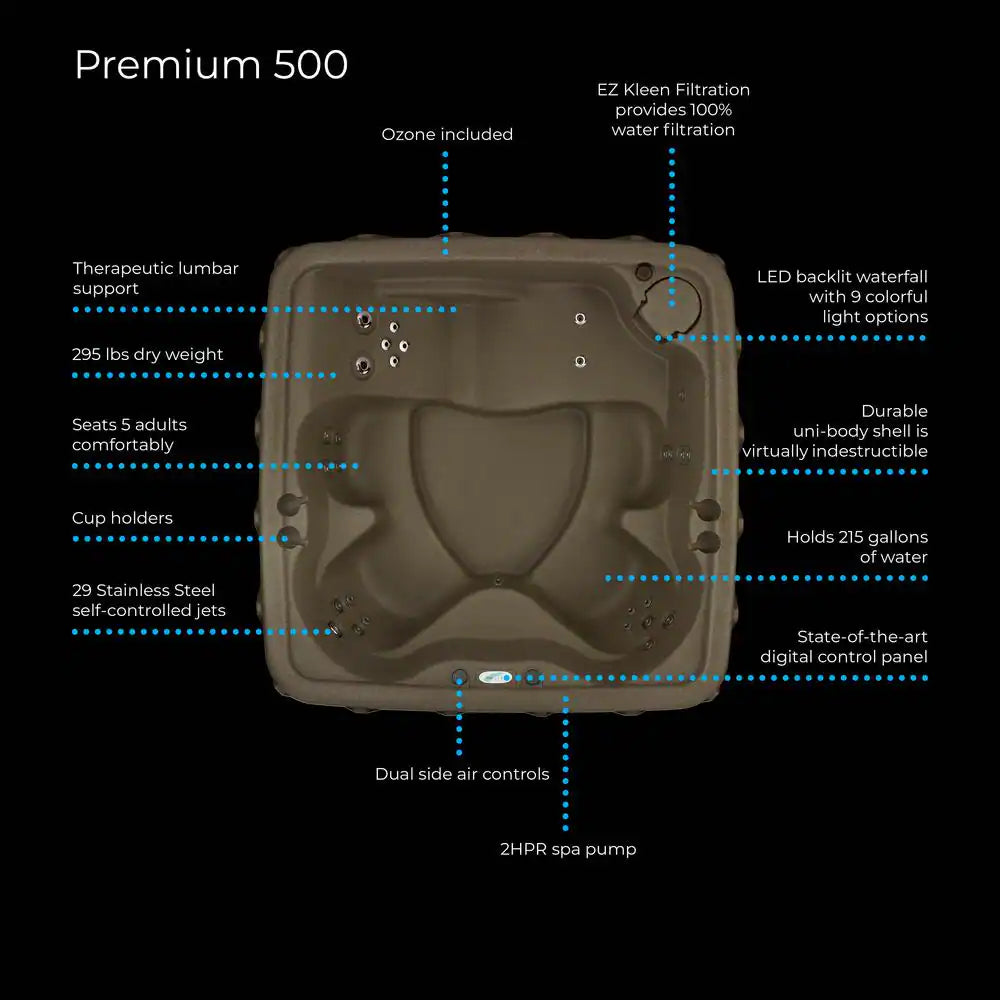 Premium 500 5-Person Plug and Play Hot Tub with 29 Stainless Jets, Heater, Ozone and LED Waterfall in Brownstone