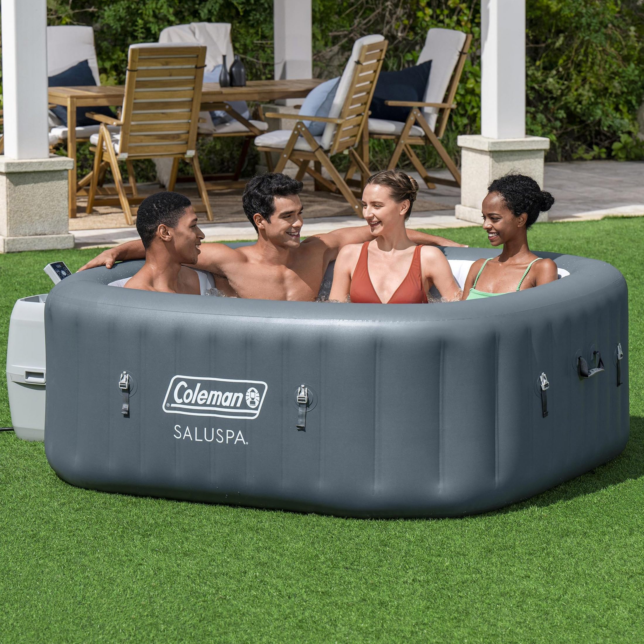 Coleman Hawaii AirJet Large Square 4 to 6 Person Inflatable Hot Tub Portable Outdoor Spa with 140 AirJets and EnergySense Cover, Grey