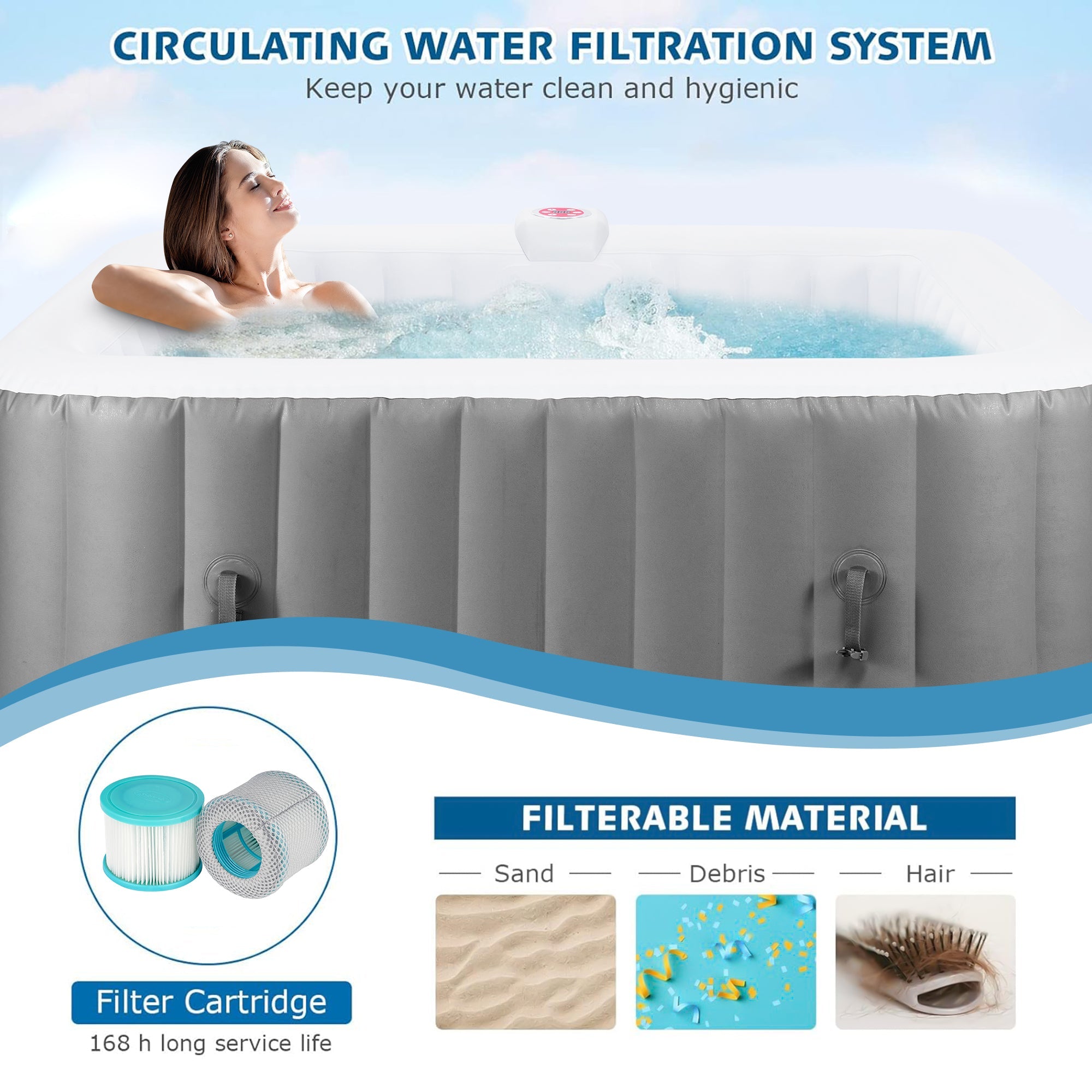 73 inch 4-6 Person Inflatable Hot Tub Spa with Control Panel, Outdoor Portable Hottub with 130 Jets, Insulated Tub Cover and Floor Protector, Temperature up to 104°F, Gray