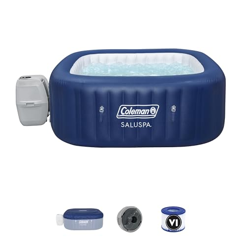 Coleman SaluSpa Atlantis AirJet Inflatable Hot Tub, 4 to 6 Person Square Portable Outdoor Spa with 140 Air Jets, App Control and EnergySense Insulated Cover, 71" x 28" - Energy Efficient / Blue