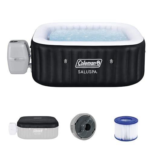 Coleman SaluSpa Atlantis AirJet Inflatable Hot Tub, 4 to 6 Person Square Portable Outdoor Spa with 140 Air Jets, App Control and EnergySense Insulated Cover, 71" x 28" - Energy Efficient 2.0 / Black