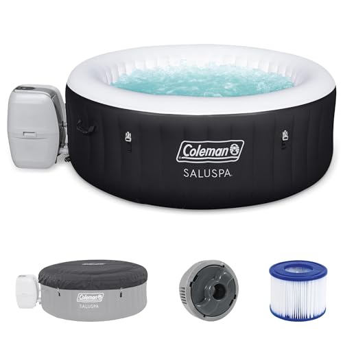 Coleman Miami AirJet Large Round 2 to 4 Person Inflatable Hot Tub Portable Outdoor Spa with 120 AirJets and EnergySense Cover, Black - Energy Efficient / Black