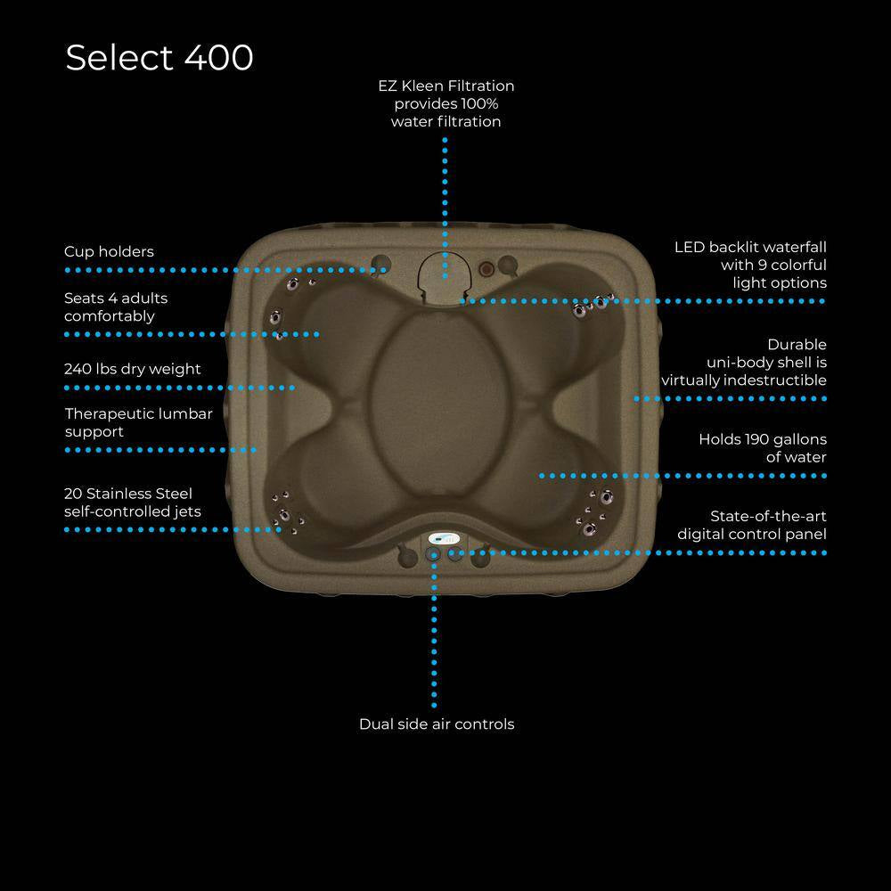 Select 400 4-Person Plug and Play Hot Tub with 20 Stainless Jets and LED Waterfall in Brownstone
