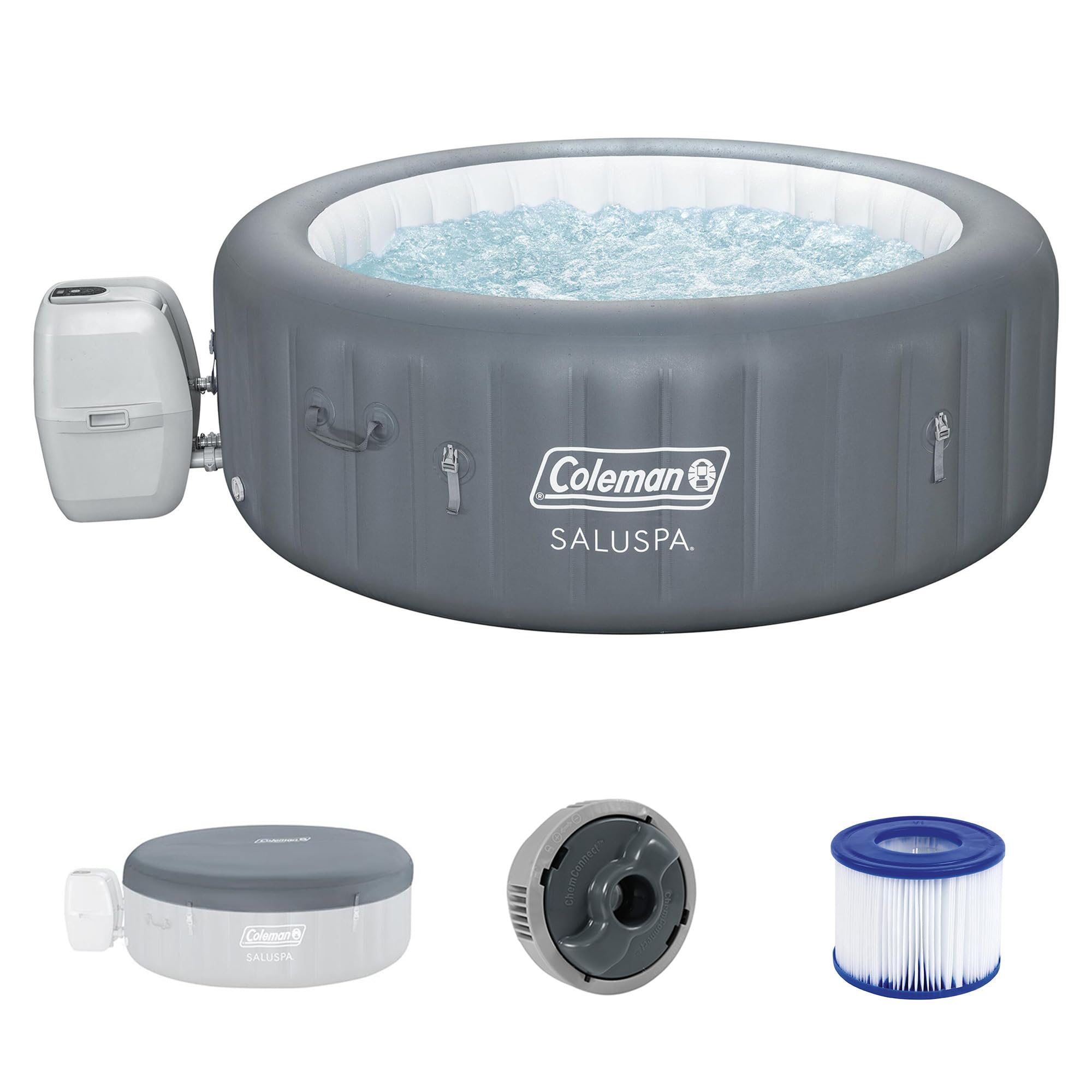 Coleman SaluSpa 4 to 6 Person Inflatable Hot Tub, Round Energy-Efficient Portable Outdoor Spa with 140 AirJets, 77" x 28"