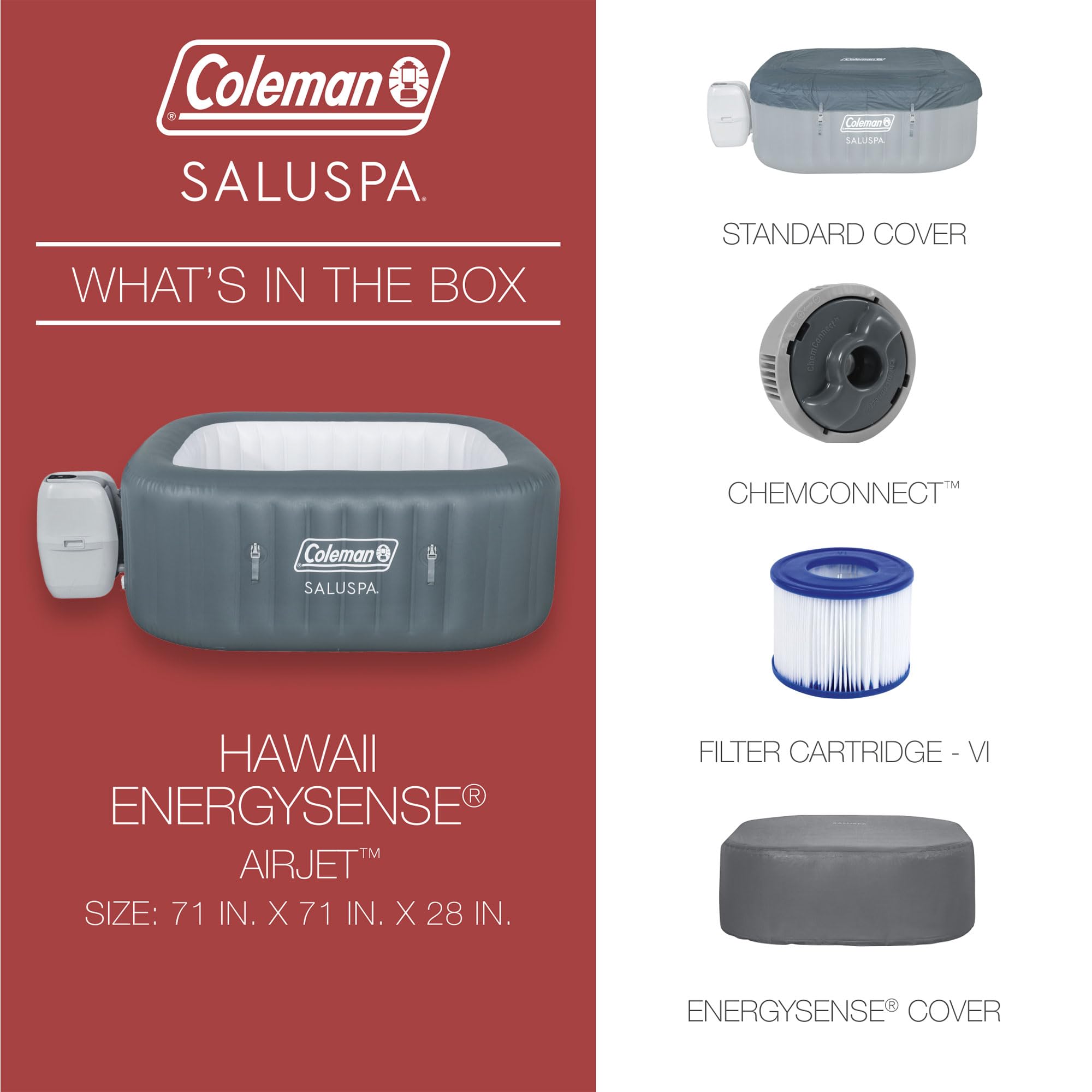 Coleman Hawaii AirJet Large Square 4 to 6 Person Inflatable Hot Tub Portable Outdoor Spa with 140 AirJets and EnergySense Cover, Grey