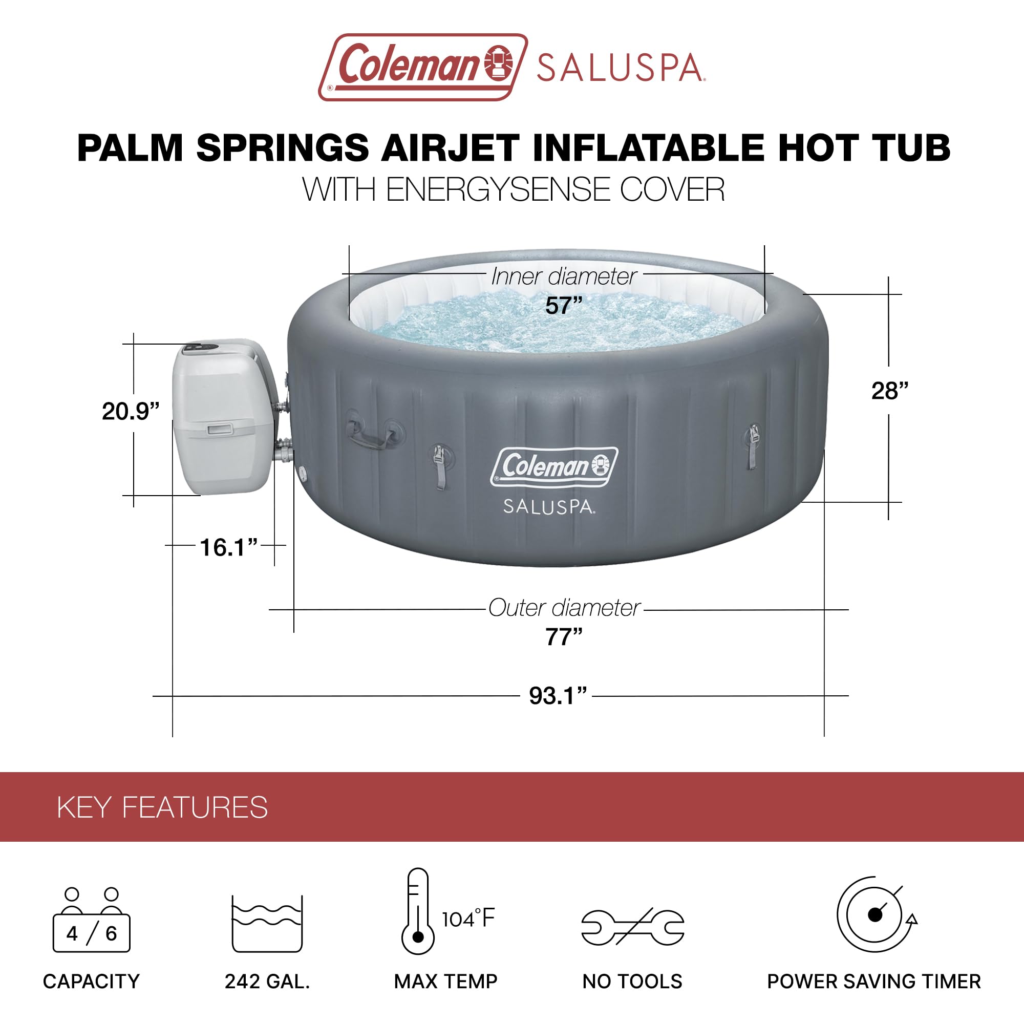 Coleman Palm Springs 4 to 6 Person EnergySense Smart AirJet Plus Inflatable Hot Tub Outdoor Spa with 140 AirJets and Insulated Cover