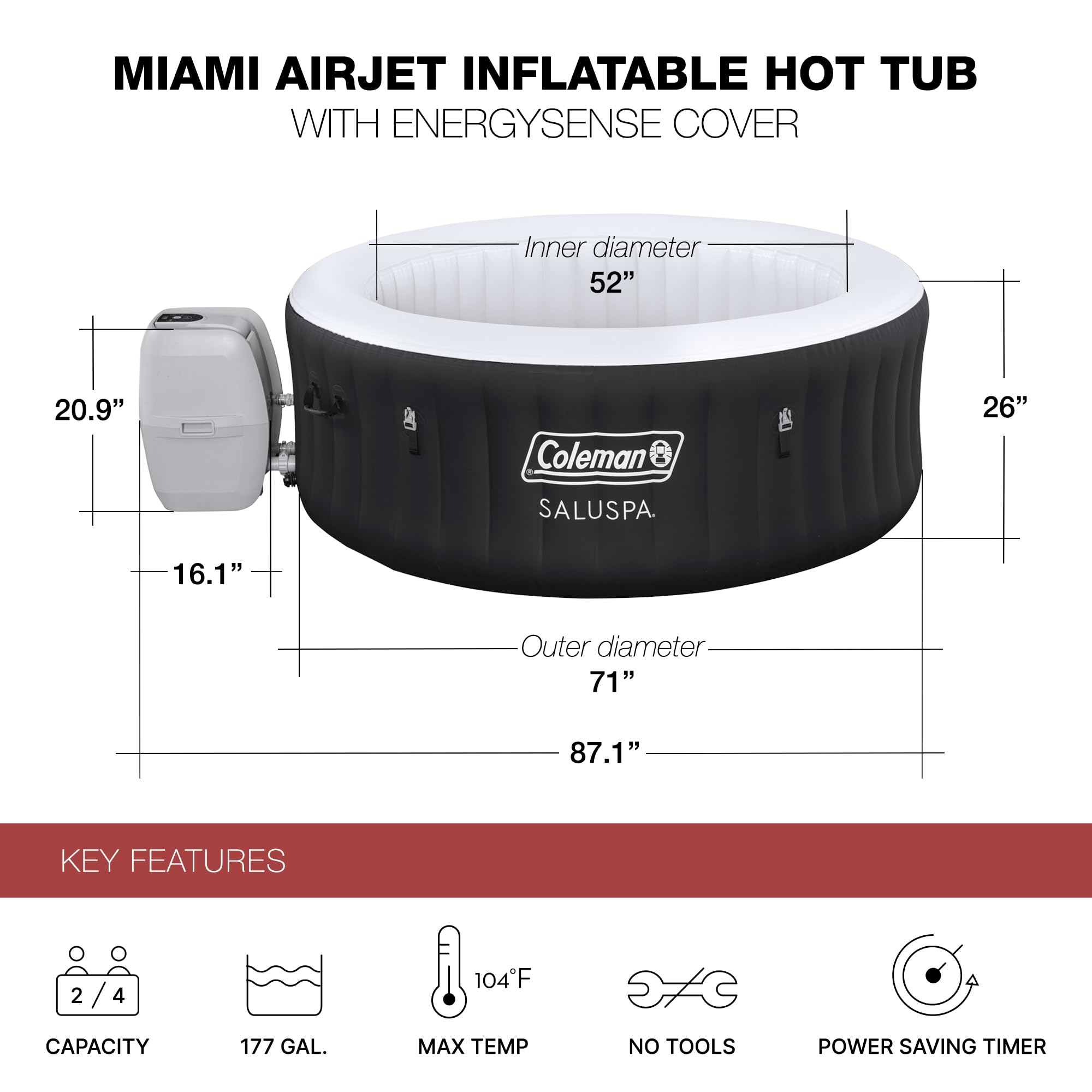 Coleman Miami AirJet Large Round 2 to 4 Person Inflatable Hot Tub Portable Outdoor Spa with 120 AirJets and EnergySense Cover, Black