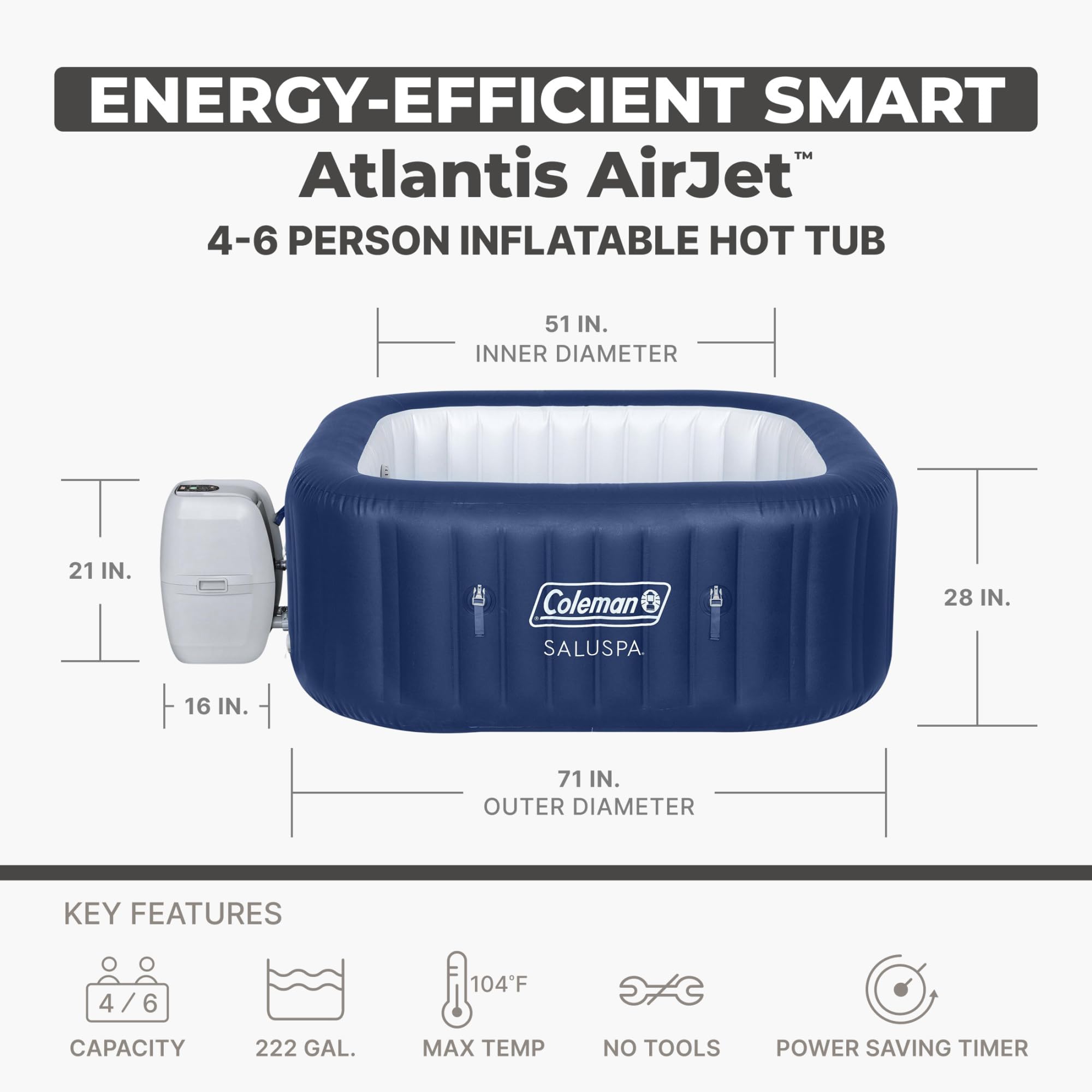 Coleman SaluSpa Atlantis AirJet Inflatable Hot Tub, 4 to 6 Person Square Portable Outdoor Spa with 140 Air Jets, App Control and EnergySense Insulated Cover, 71" x 28"