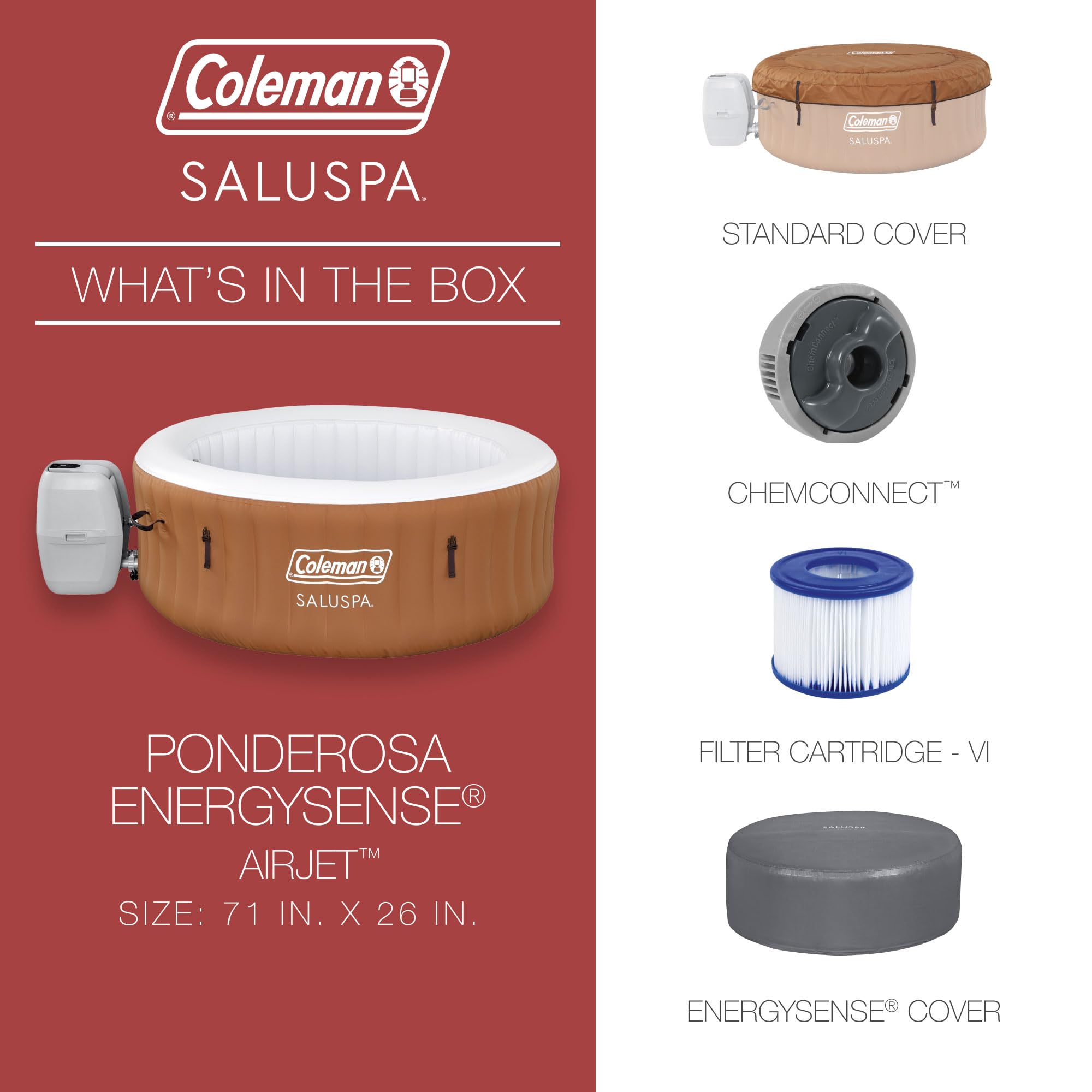 Coleman Ponderosa AirJet Inflatable Hot Tub, 2 to 4 Person Round Portable Outdoor Spa with 120 Air Jets and EnergySense Insulated Cover, 71" x 26"
