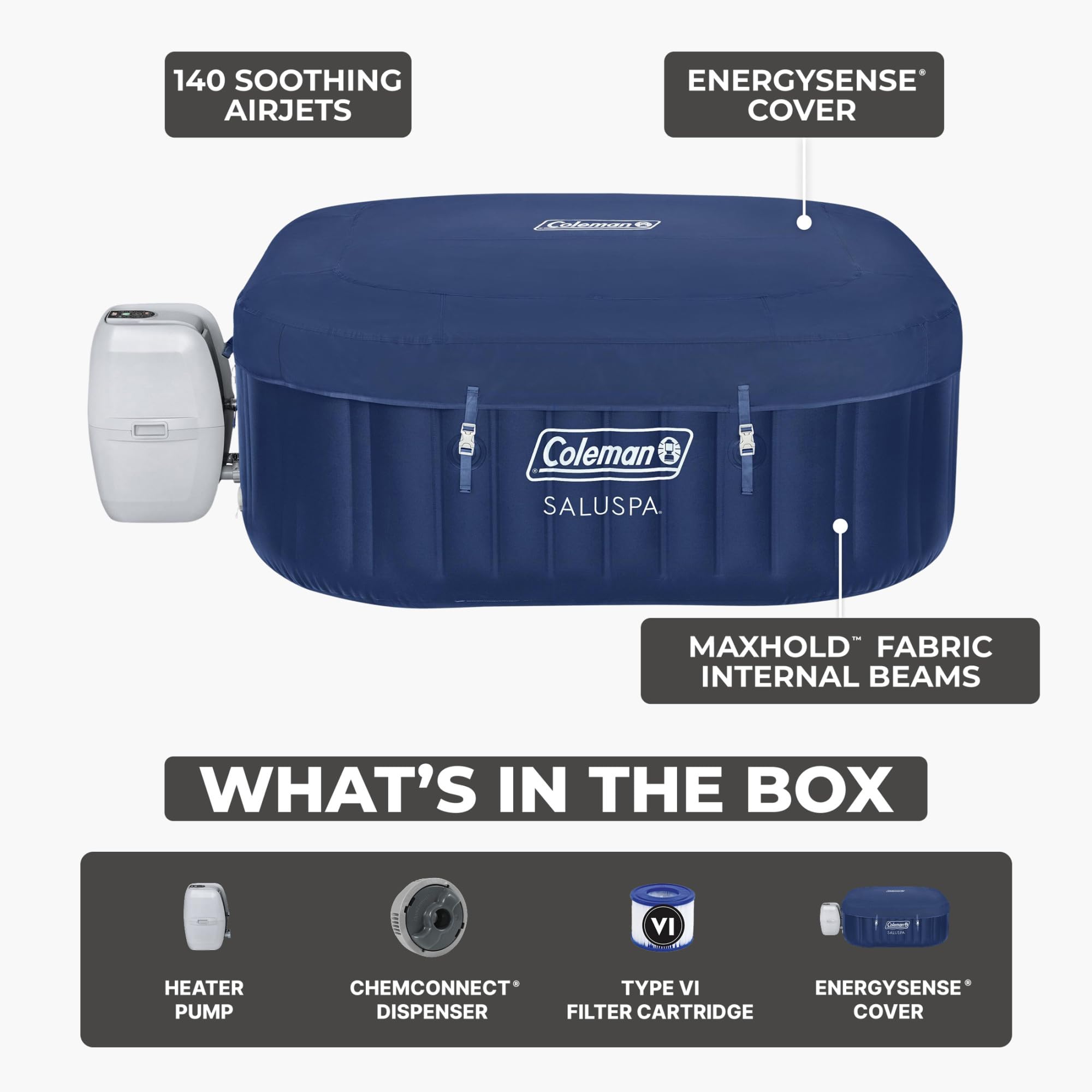 Coleman SaluSpa Atlantis AirJet Inflatable Hot Tub, 4 to 6 Person Square Portable Outdoor Spa with 140 Air Jets, App Control and EnergySense Insulated Cover, 71" x 28"