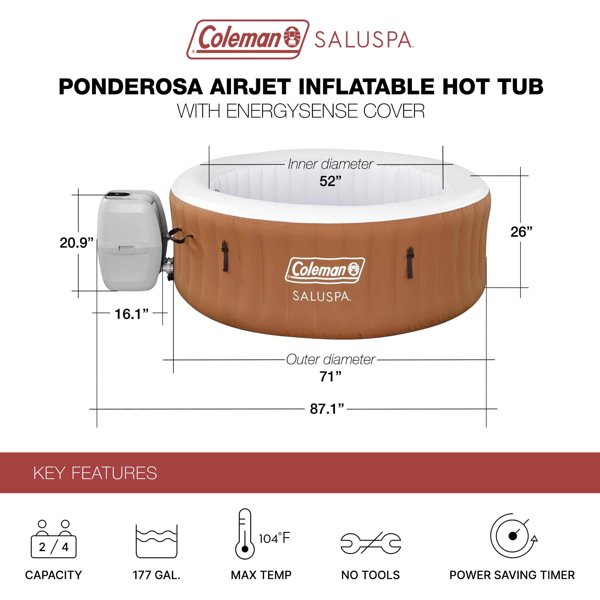 Coleman Ponderosa AirJet Inflatable Hot Tub, 2 to 4 Person Round Portable Outdoor Spa with 120 Air Jets and EnergySense Insulated Cover, 71" x 26"