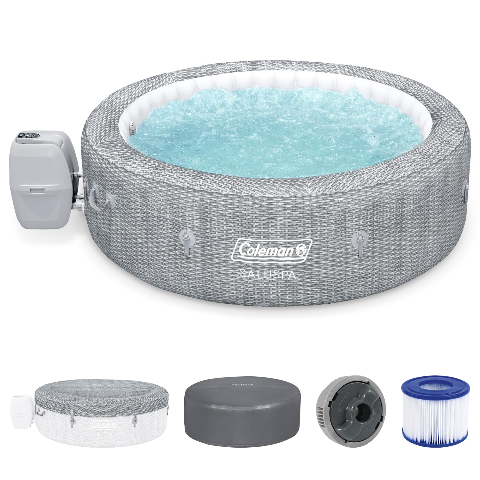 Coleman Hawaii AirJet Large Square 4 to 6 Person Inflatable Hot Tub Portable Outdoor Spa with 140 AirJets and EnergySense Cover, Grey