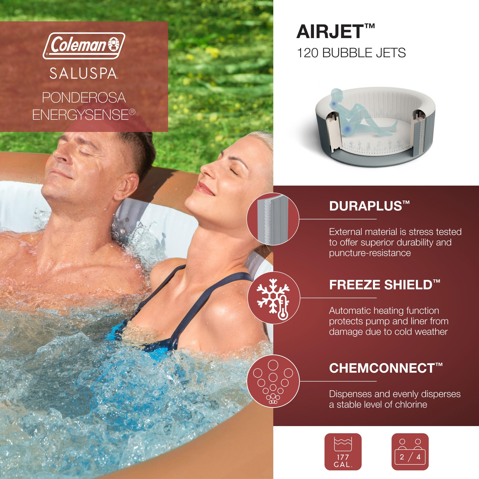 Coleman Ponderosa AirJet Inflatable Hot Tub, 2 to 4 Person Round Portable Outdoor Spa with 120 Air Jets and EnergySense Insulated Cover, 71" x 26"