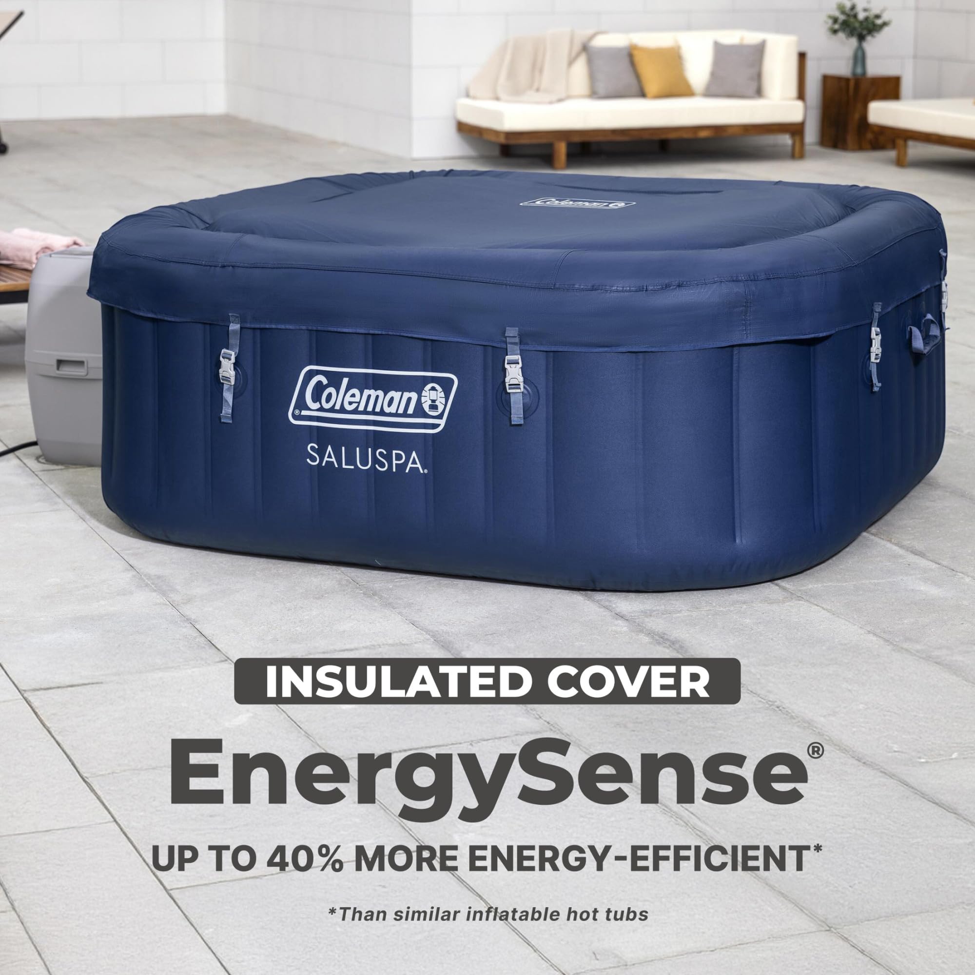 Coleman SaluSpa Atlantis AirJet Inflatable Hot Tub, 4 to 6 Person Square Portable Outdoor Spa with 140 Air Jets, App Control and EnergySense Insulated Cover, 71" x 28"