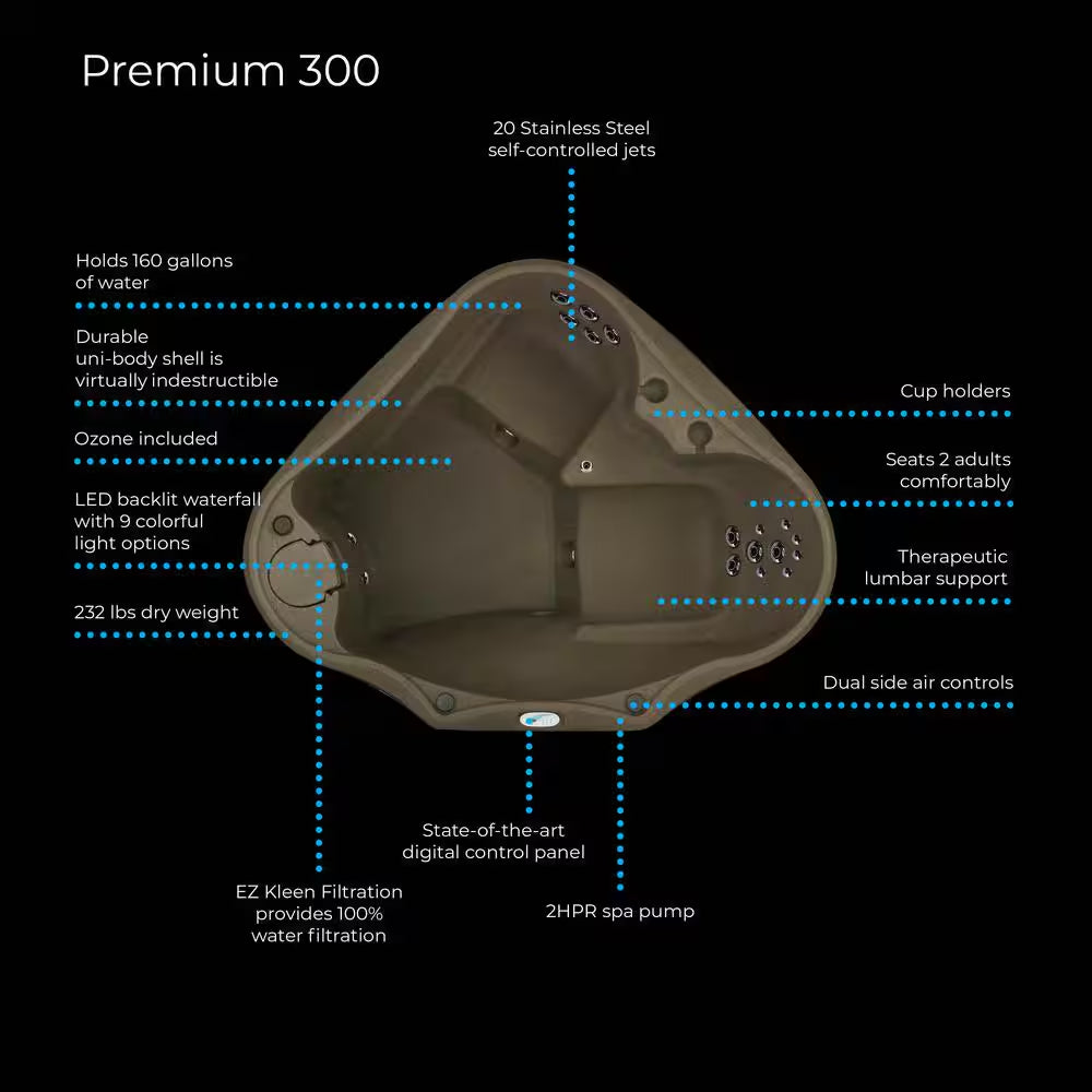 Premium 300 2-Person Plug and Play Hot Tub with 20 Stainless Jets, Heater, Ozone and LED Waterfall in Brownstone