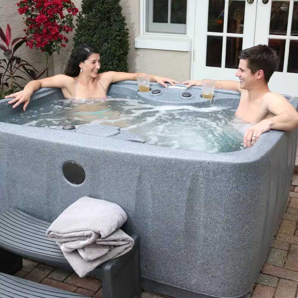Select 150 4-Person Plug and Play Hot Tub with 12 Stainless Jets and LED Waterfall in Brownstone